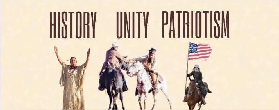 Warpony Productions banner reading History, Unity, Patriotism with performers and flag